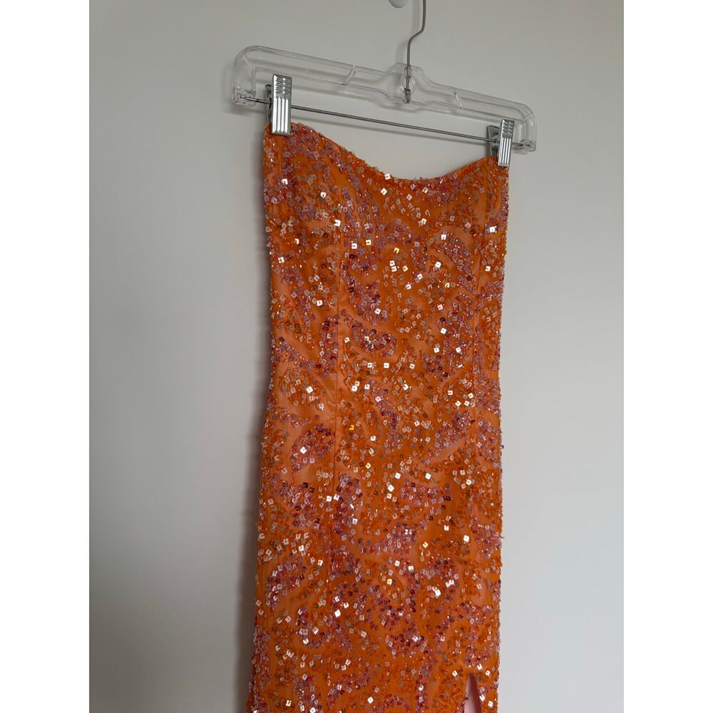 Vintage GLITZ! Orange Sequin Silk Strapless Formal Dress